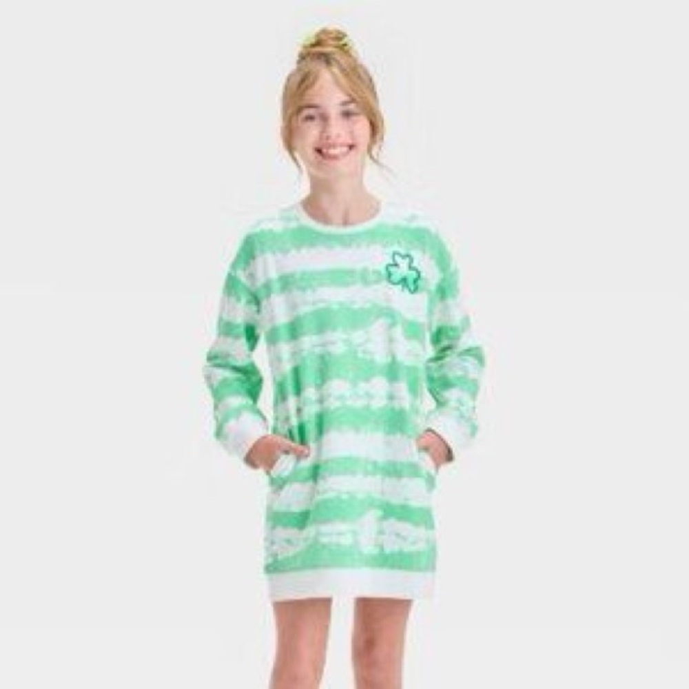 New Girls green shamrock stripe sweatshirt dress